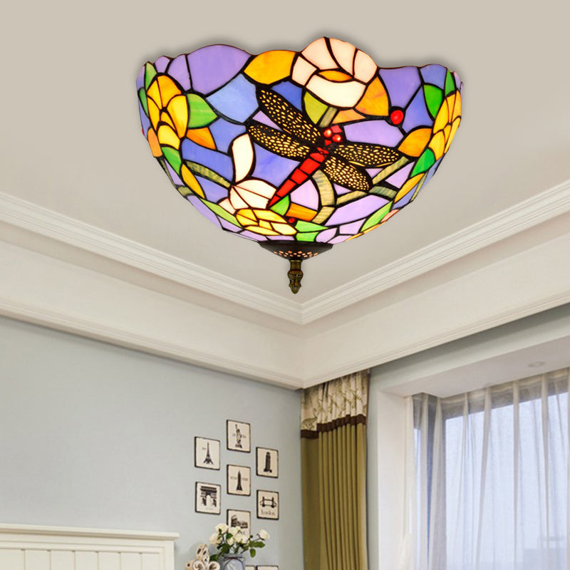 Tiffany Dragonfly Flush Mount Recessed Lighting 2 Bulbs Handcrafted Stained Glass Close to Ceiling Lamp in Brass Brass A Clearhalo 'Ceiling Lights' 'Close To Ceiling Lights' 'Close to ceiling' 'Flush mount' Lighting' 296377