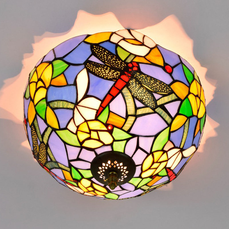 Tiffany Dragonfly Flush Mount Recessed Lighting 2 Bulbs Handcrafted Stained Glass Close to Ceiling Lamp in Brass Clearhalo 'Ceiling Lights' 'Close To Ceiling Lights' 'Close to ceiling' 'Flush mount' Lighting' 296379