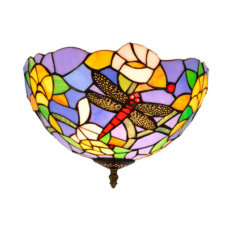 Tiffany Dragonfly Flush Mount Recessed Lighting 2 Bulbs Handcrafted Stained Glass Close to Ceiling Lamp in Brass Clearhalo 'Ceiling Lights' 'Close To Ceiling Lights' 'Close to ceiling' 'Flush mount' Lighting' 296380