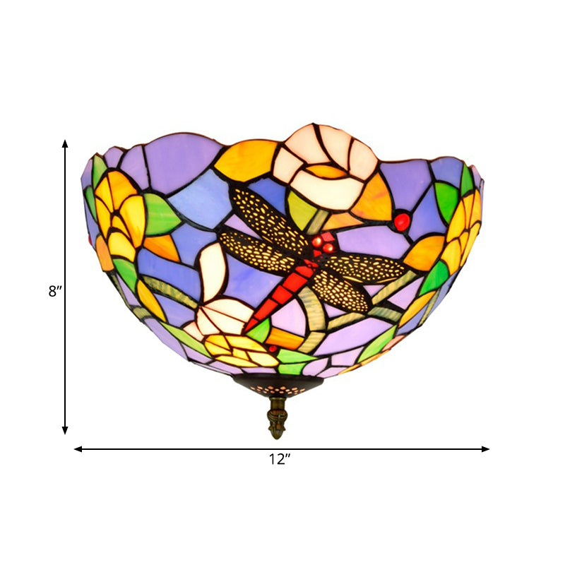 Tiffany Dragonfly Flush Mount Recessed Lighting 2 Bulbs Handcrafted Stained Glass Close to Ceiling Lamp in Brass Clearhalo 'Ceiling Lights' 'Close To Ceiling Lights' 'Close to ceiling' 'Flush mount' Lighting' 296381