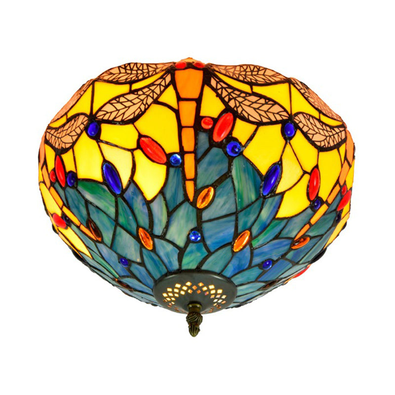 Tiffany Dragonfly Flush Mount Recessed Lighting 2 Bulbs Handcrafted Stained Glass Close to Ceiling Lamp in Brass Clearhalo 'Ceiling Lights' 'Close To Ceiling Lights' 'Close to ceiling' 'Flush mount' Lighting' 296384