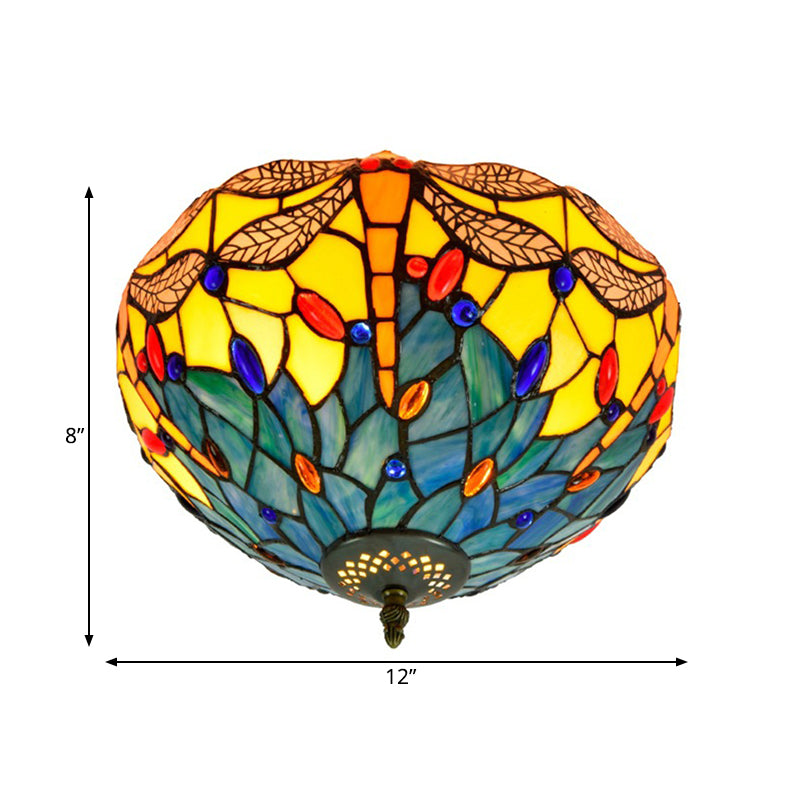 Tiffany Dragonfly Flush Mount Recessed Lighting 2 Bulbs Handcrafted Stained Glass Close to Ceiling Lamp in Brass Clearhalo 'Ceiling Lights' 'Close To Ceiling Lights' 'Close to ceiling' 'Flush mount' Lighting' 296385