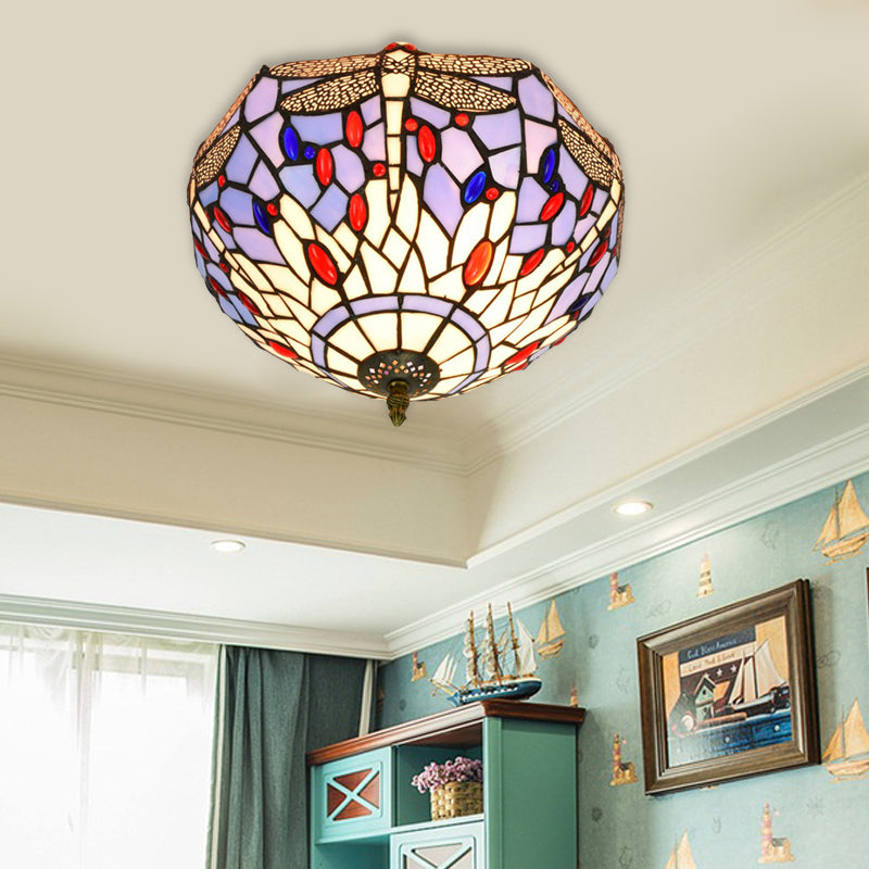 Tiffany Dragonfly Flush Mount Recessed Lighting 2 Bulbs Handcrafted Stained Glass Close to Ceiling Lamp in Brass Brass C Clearhalo 'Ceiling Lights' 'Close To Ceiling Lights' 'Close to ceiling' 'Flush mount' Lighting' 296386