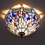 Tiffany Dragonfly Flush Mount Recessed Lighting 2 Bulbs Handcrafted Stained Glass Close to Ceiling Lamp in Brass Clearhalo 'Ceiling Lights' 'Close To Ceiling Lights' 'Close to ceiling' 'Flush mount' Lighting' 296387