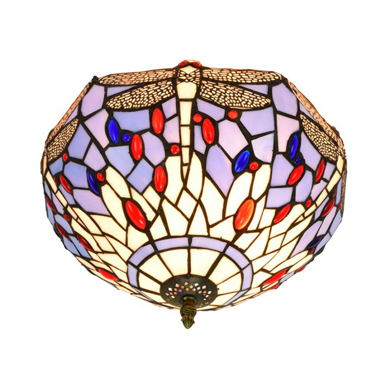 Tiffany Dragonfly Flush Mount Recessed Lighting 2 Bulbs Handcrafted Stained Glass Close to Ceiling Lamp in Brass Clearhalo 'Ceiling Lights' 'Close To Ceiling Lights' 'Close to ceiling' 'Flush mount' Lighting' 296388