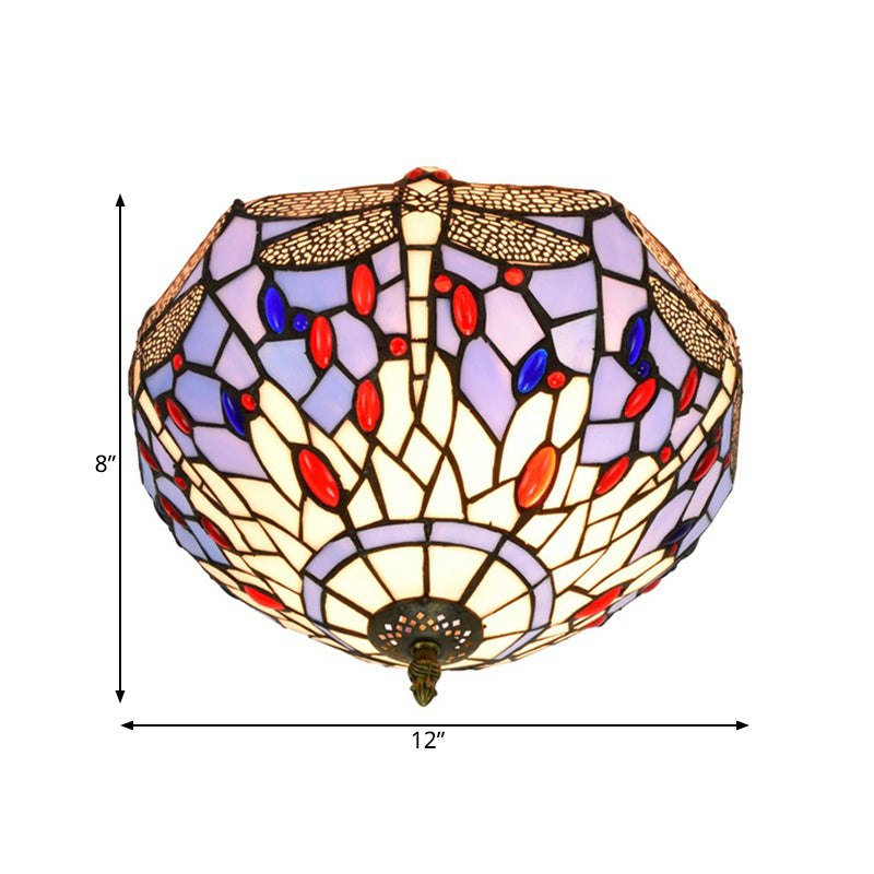 Tiffany Dragonfly Flush Mount Recessed Lighting 2 Bulbs Handcrafted Stained Glass Close to Ceiling Lamp in Brass Clearhalo 'Ceiling Lights' 'Close To Ceiling Lights' 'Close to ceiling' 'Flush mount' Lighting' 296389