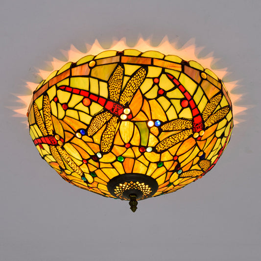 Dragonfly Cut Glass Ceiling Lamp Tiffany-Style 3 Heads Bronze Flush Mount Light Fixture Bronze Clearhalo 'Ceiling Lights' 'Close To Ceiling Lights' 'Close to ceiling' 'Flush mount' Lighting' 296418