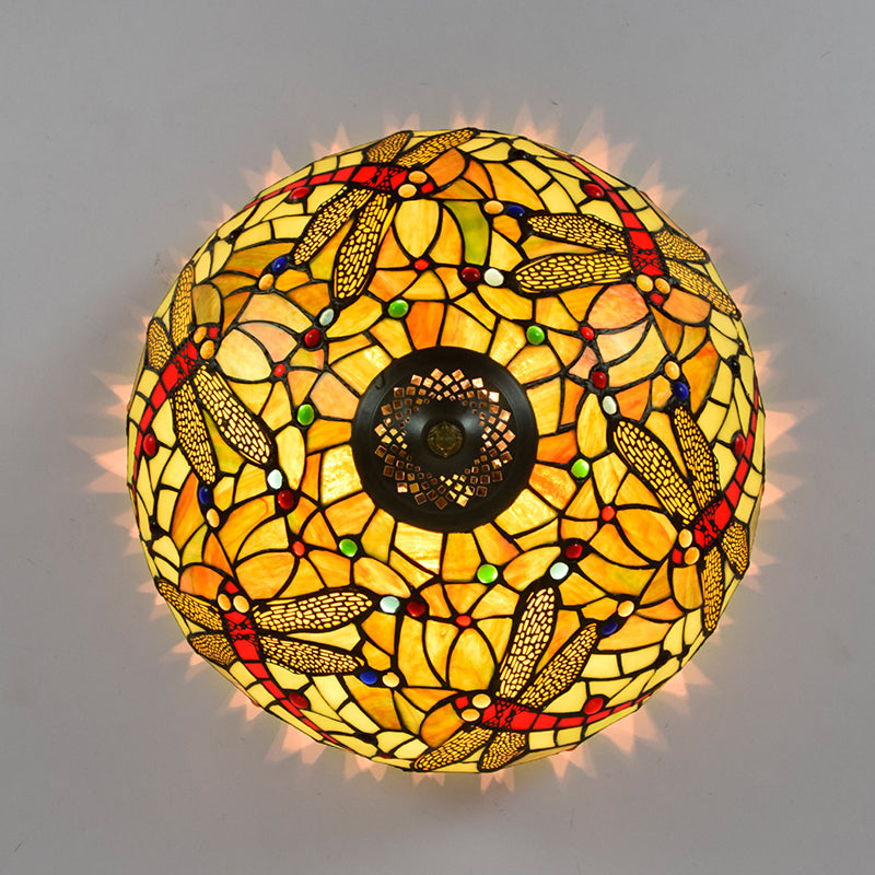 Dragonfly Cut Glass Ceiling Lamp Tiffany-Style 3 Heads Bronze Flush Mount Light Fixture Clearhalo 'Ceiling Lights' 'Close To Ceiling Lights' 'Close to ceiling' 'Flush mount' Lighting' 296419