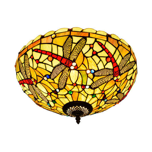 Dragonfly Cut Glass Ceiling Lamp Tiffany-Style 3 Heads Bronze Flush Mount Light Fixture Clearhalo 'Ceiling Lights' 'Close To Ceiling Lights' 'Close to ceiling' 'Flush mount' Lighting' 296420