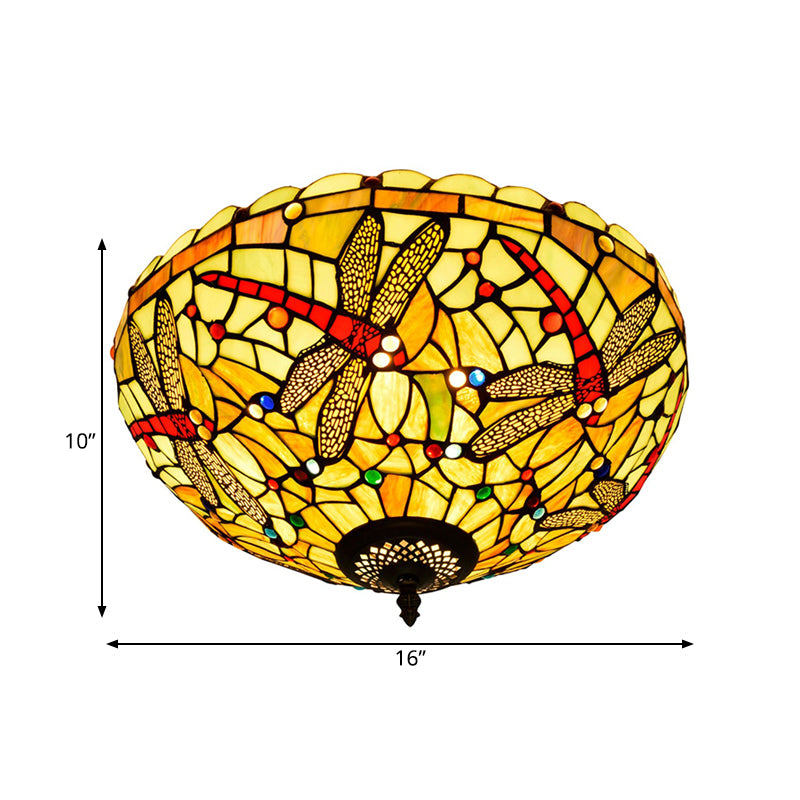 Dragonfly Cut Glass Ceiling Lamp Tiffany-Style 3 Heads Bronze Flush Mount Light Fixture Clearhalo 'Ceiling Lights' 'Close To Ceiling Lights' 'Close to ceiling' 'Flush mount' Lighting' 296421