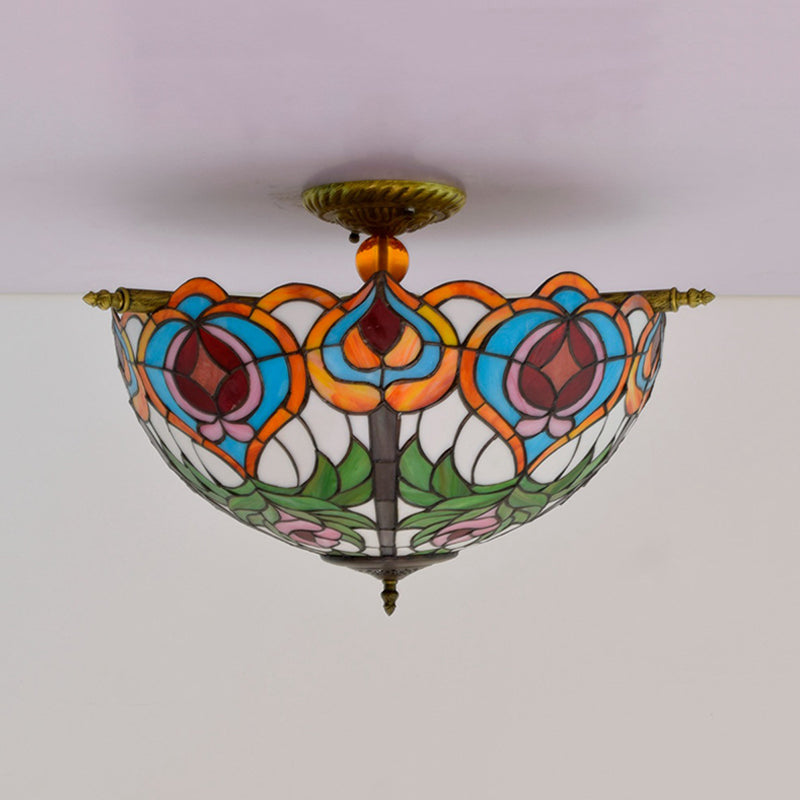 Victorian Blossom Semi Flush Mount Lighting 5 Bulbs Handcrafted Stained Glass Close to Ceiling Lamp in Brass Clearhalo 'Ceiling Lights' 'Close To Ceiling Lights' 'Close to ceiling' 'Glass shade' 'Glass' 'Semi-flushmount' 'Tiffany close to ceiling' 'Tiffany' Lighting' 296435