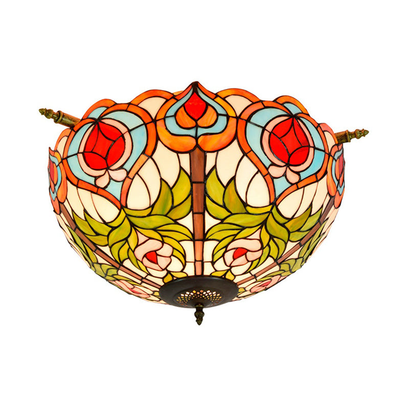 Victorian Blossom Semi Flush Mount Lighting 5 Bulbs Handcrafted Stained Glass Close to Ceiling Lamp in Brass Clearhalo 'Ceiling Lights' 'Close To Ceiling Lights' 'Close to ceiling' 'Glass shade' 'Glass' 'Semi-flushmount' 'Tiffany close to ceiling' 'Tiffany' Lighting' 296436