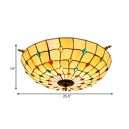 5 Heads Ceiling Lighting Tiffany Beaded Handcrafted Art Glass Semi Flush Mount Light Fixture in Brass, 21.5"/25.5" W Clearhalo 'Ceiling Lights' 'Chandeliers' 'Close To Ceiling Lights' 'Close to ceiling' 'Glass shade' 'Glass' 'Pendant Lights' 'Semi-flushmount' 'Tiffany close to ceiling' 'Tiffany' Lighting' 296446