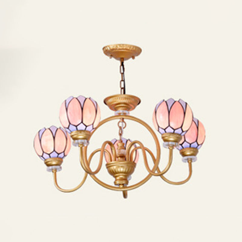 Gold 3/5/6 Lights Chandelier Pendant Light Tiffany Stained Glass Flower Ceiling Lamp for Living Room Clearhalo 'Ceiling Lights' 'Chandeliers' 'Close To Ceiling Lights' 'Industrial' 'Middle Century Chandeliers' 'Tiffany Chandeliers' 'Tiffany close to ceiling' 'Tiffany' Lighting' 296481