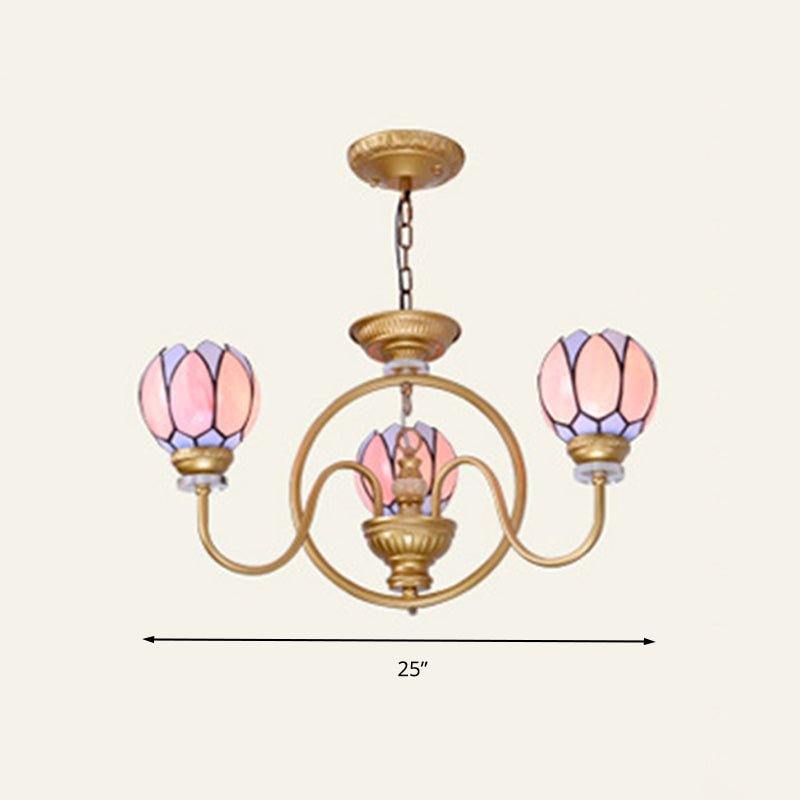 Gold 3/5/6 Lights Chandelier Pendant Light Tiffany Stained Glass Flower Ceiling Lamp for Living Room Clearhalo 'Ceiling Lights' 'Chandeliers' 'Close To Ceiling Lights' 'Industrial' 'Middle Century Chandeliers' 'Tiffany Chandeliers' 'Tiffany close to ceiling' 'Tiffany' Lighting' 296485