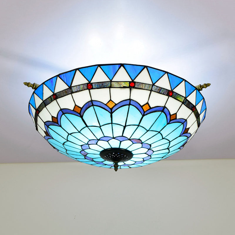 Baroque Dome Semi Flush Mount Lighting 5 Bulbs Handcrafted Stained Glass Close to Ceiling Lamp in White/Blue, 21.5"/25.5" W Blue 25.5" Clearhalo 'Ceiling Lights' 'Chandeliers' 'Close To Ceiling Lights' 'Close to ceiling' 'Glass shade' 'Glass' 'Semi-flushmount' 'Tiffany close to ceiling' 'Tiffany' Lighting' 296545