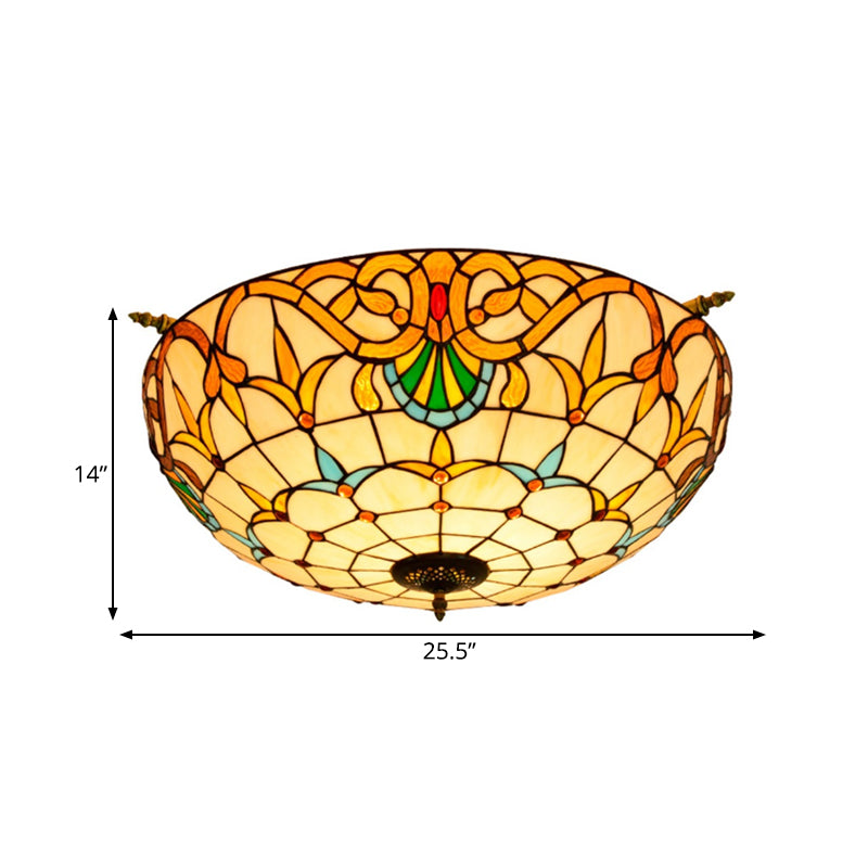 Baroque Dome Semi Flush Mount Lighting 5 Bulbs Handcrafted Stained Glass Close to Ceiling Lamp in White/Blue, 21.5"/25.5" W Clearhalo 'Ceiling Lights' 'Chandeliers' 'Close To Ceiling Lights' 'Close to ceiling' 'Glass shade' 'Glass' 'Semi-flushmount' 'Tiffany close to ceiling' 'Tiffany' Lighting' 296556