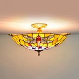 Stained Glass Dragonfly Ceiling Fixture Tiffany 5 Lights Brass Semi Flush Mount Light for Bedroom Clearhalo 'Ceiling Lights' 'Close To Ceiling Lights' 'Close to ceiling' 'Glass shade' 'Glass' 'Semi-flushmount' 'Tiffany close to ceiling' 'Tiffany' Lighting' 296597