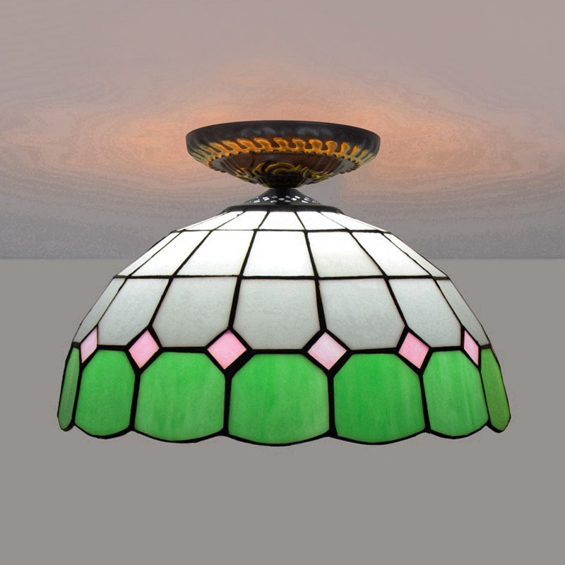 Tiffany Grid Patterned Flush Mount Light 1 Bulb Handcrafted Stained Glass LED Close to Ceiling Lamp in Blue/Orange/Green Clearhalo 'Ceiling Lights' 'Close To Ceiling Lights' 'Close to ceiling' 'Flush mount' Lighting' 296602