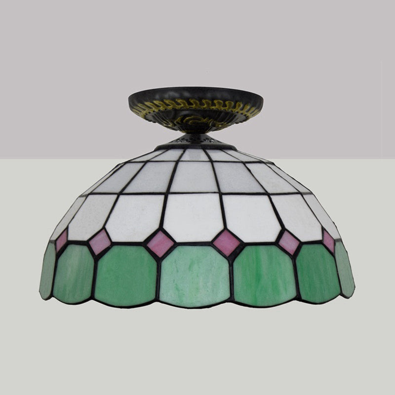 Tiffany Grid Patterned Flush Mount Light 1 Bulb Handcrafted Stained Glass LED Close to Ceiling Lamp in Blue/Orange/Green Clearhalo 'Ceiling Lights' 'Close To Ceiling Lights' 'Close to ceiling' 'Flush mount' Lighting' 296603