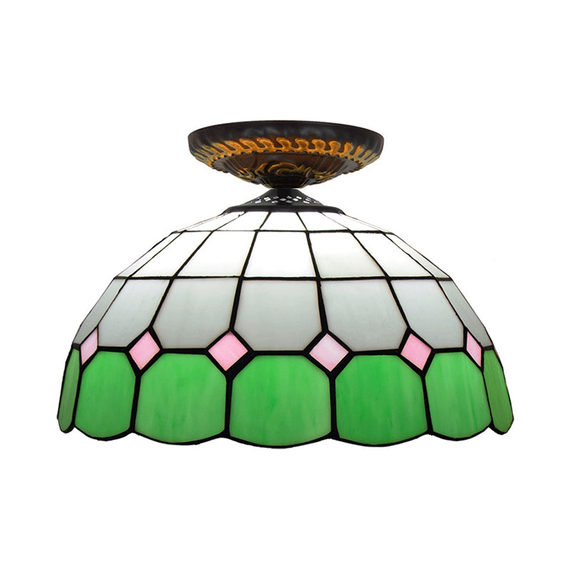 Tiffany Grid Patterned Flush Mount Light 1 Bulb Handcrafted Stained Glass LED Close to Ceiling Lamp in Blue/Orange/Green Clearhalo 'Ceiling Lights' 'Close To Ceiling Lights' 'Close to ceiling' 'Flush mount' Lighting' 296604