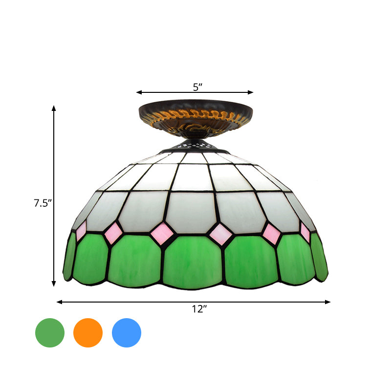 Tiffany Grid Patterned Flush Mount Light 1 Bulb Handcrafted Stained Glass LED Close to Ceiling Lamp in Blue/Orange/Green Clearhalo 'Ceiling Lights' 'Close To Ceiling Lights' 'Close to ceiling' 'Flush mount' Lighting' 296605