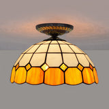 Tiffany Grid Patterned Flush Mount Light 1 Bulb Handcrafted Stained Glass LED Close to Ceiling Lamp in Blue/Orange/Green Orange Clearhalo 'Ceiling Lights' 'Close To Ceiling Lights' 'Close to ceiling' 'Flush mount' Lighting' 296606