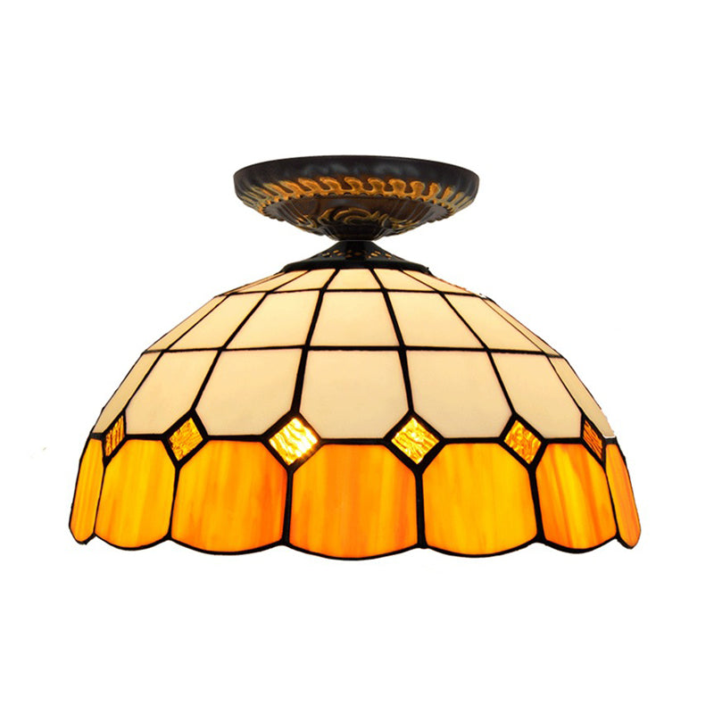 Tiffany Grid Patterned Flush Mount Light 1 Bulb Handcrafted Stained Glass LED Close to Ceiling Lamp in Blue/Orange/Green Clearhalo 'Ceiling Lights' 'Close To Ceiling Lights' 'Close to ceiling' 'Flush mount' Lighting' 296608