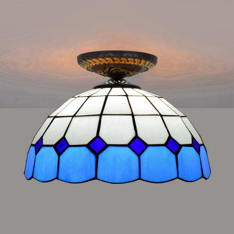 Tiffany Grid Patterned Flush Mount Light 1 Bulb Handcrafted Stained Glass LED Close to Ceiling Lamp in Blue/Orange/Green Blue Clearhalo 'Ceiling Lights' 'Close To Ceiling Lights' 'Close to ceiling' 'Flush mount' Lighting' 296609