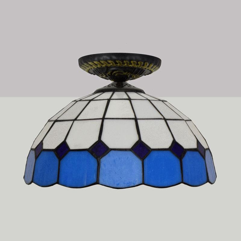 Tiffany Grid Patterned Flush Mount Light 1 Bulb Handcrafted Stained Glass LED Close to Ceiling Lamp in Blue/Orange/Green Clearhalo 'Ceiling Lights' 'Close To Ceiling Lights' 'Close to ceiling' 'Flush mount' Lighting' 296610