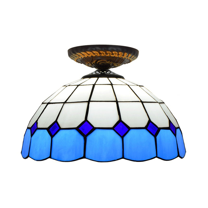 Tiffany Grid Patterned Flush Mount Light 1 Bulb Handcrafted Stained Glass LED Close to Ceiling Lamp in Blue/Orange/Green Clearhalo 'Ceiling Lights' 'Close To Ceiling Lights' 'Close to ceiling' 'Flush mount' Lighting' 296611