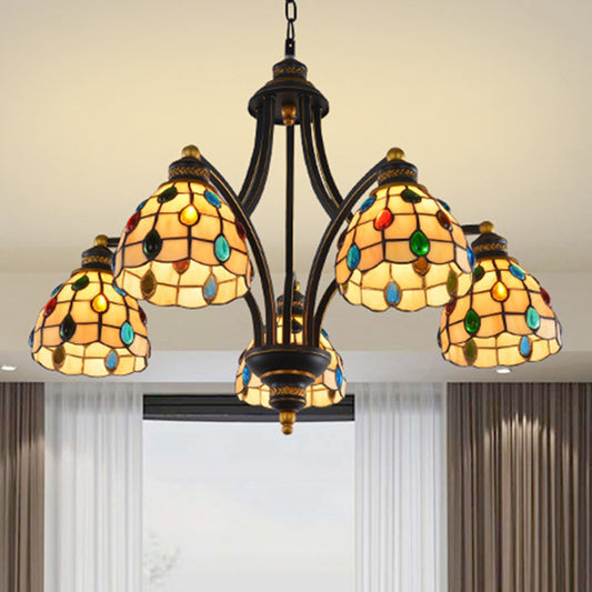 Beaded Chandelier Lighting Tiffany Style Stained Glass 3/6/8 Lights Black and Gold Ceiling Pendant 5 Black-Gold Clearhalo 'Ceiling Lights' 'Chandeliers' 'Industrial' 'Middle Century Chandeliers' 'Tiffany Chandeliers' 'Tiffany close to ceiling' 'Tiffany' Lighting' 296617