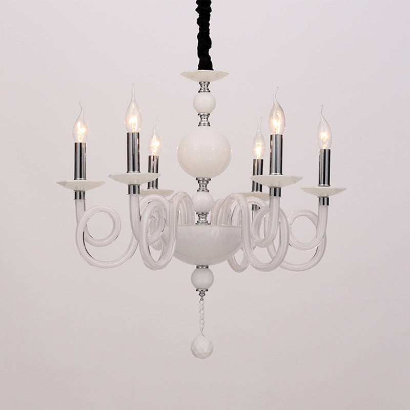 12 Heads Chandelier Lamp Rural Swirling Arm White/Red/Blue Glass Ceiling Hanging Light in Chrome with Crystal Ball White Clearhalo 'Ceiling Lights' 'Chandeliers' Lighting' options 296662_dce97020-df7c-4379-8b9f-db9da41466b2