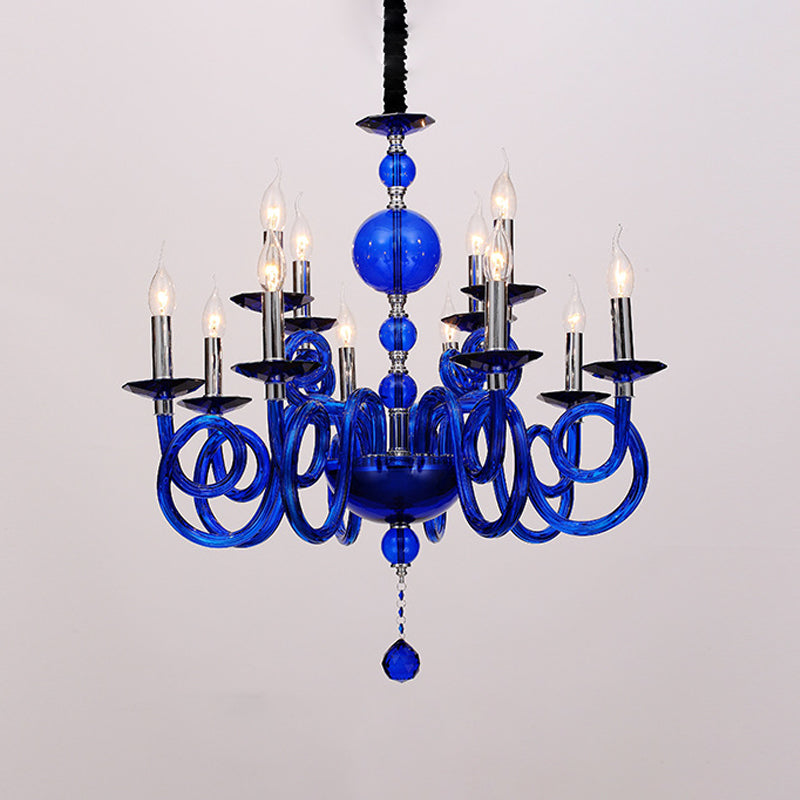 12 Heads Chandelier Lamp Rural Swirling Arm White/Red/Blue Glass Ceiling Hanging Light in Chrome with Crystal Ball Blue Clearhalo 'Ceiling Lights' 'Chandeliers' Lighting' options 296666_89f64731-02d5-4288-a06a-9929c4ebf4f8