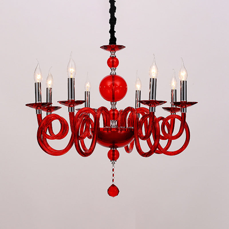 12 Heads Chandelier Lamp Rural Swirling Arm White/Red/Blue Glass Ceiling Hanging Light in Chrome with Crystal Ball Red Clearhalo 'Ceiling Lights' 'Chandeliers' Lighting' options 296668_414d32f7-5ec9-447d-bc9f-34796fbf83c5