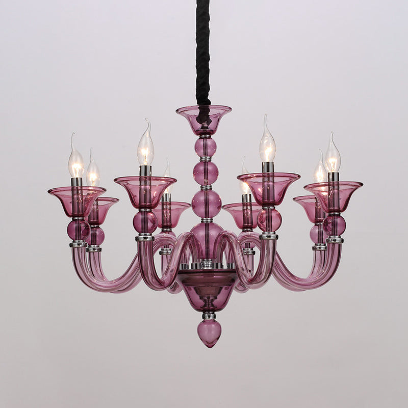 10 Bulbs Candle Chandelier Pendant Light Traditionary Beige/Purple/Blue Glass Hanging Lamp Kit Purple Clearhalo 'Ceiling Lights' 'Chandeliers' Lighting' options 296678_3e8ba189-30d4-49e3-9d28-550e7e596ebc