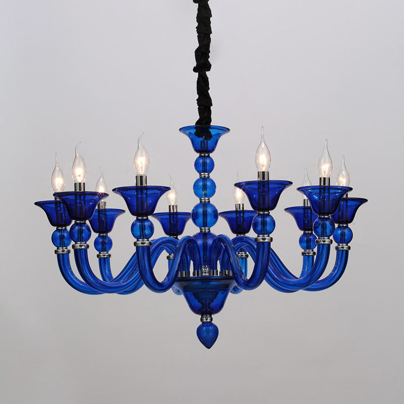 10 Bulbs Candle Chandelier Pendant Light Traditionary Beige/Purple/Blue Glass Hanging Lamp Kit Blue Clearhalo 'Ceiling Lights' 'Chandeliers' Lighting' options 296684_d67cbd3b-0b2c-4a18-95e7-3fd6f3b65b8f