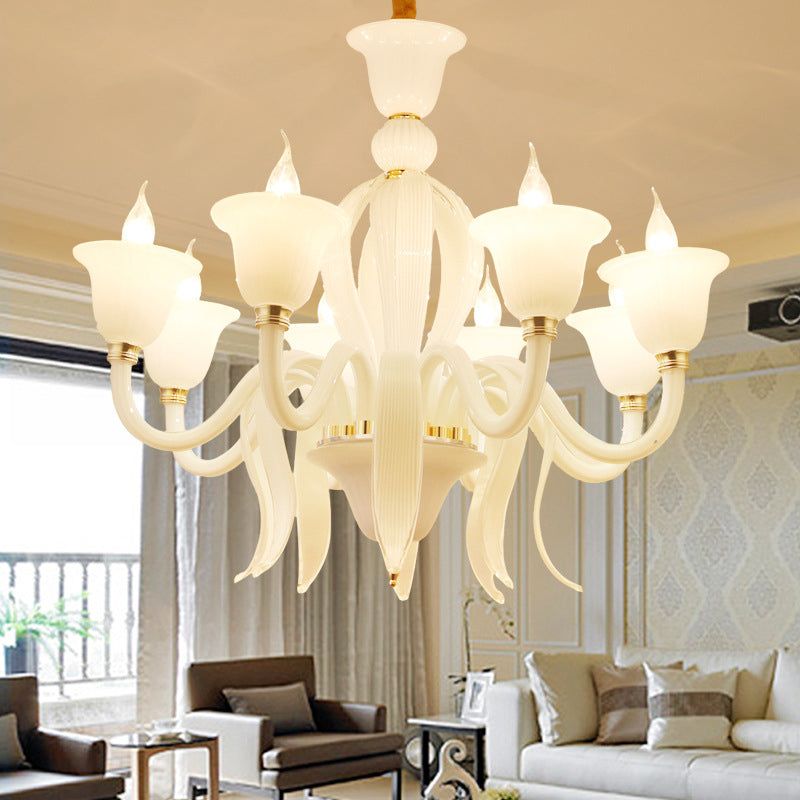 White Glass Stamen Shape Chandelier Lighting Antique 6/8/10 Lights Bedroom Ceiling Pendant Lamp Clearhalo 'Ceiling Lights' 'Chandeliers' Lighting' options 296686