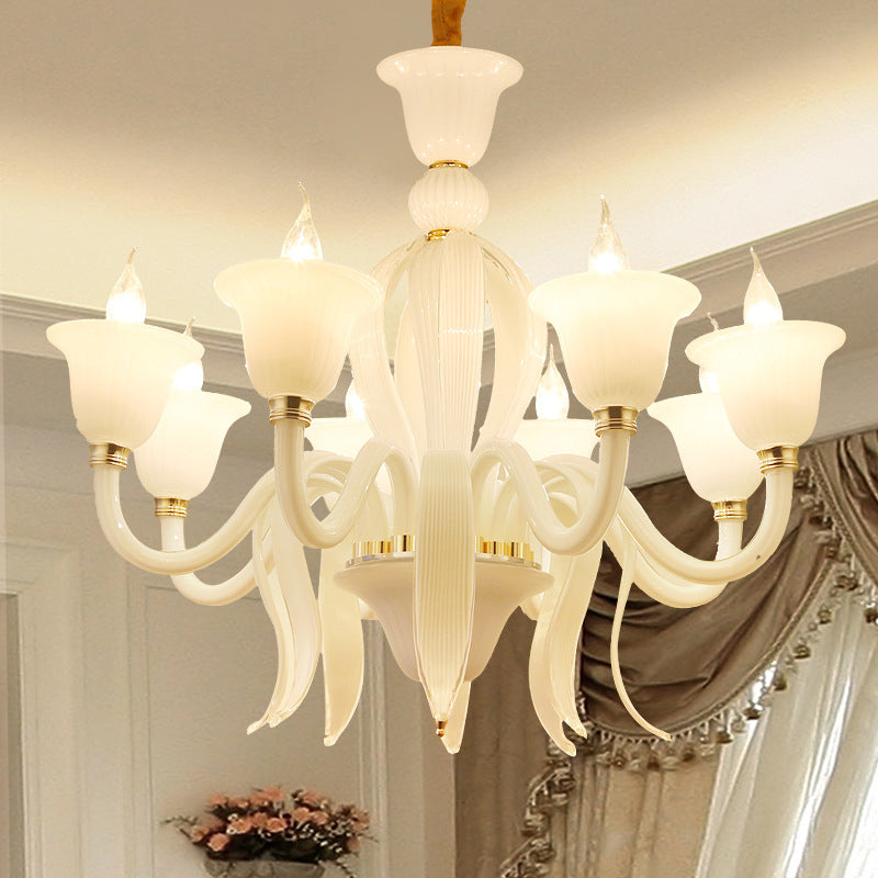 White Glass Stamen Shape Chandelier Lighting Antique 6/8/10 Lights Bedroom Ceiling Pendant Lamp Clearhalo 'Ceiling Lights' 'Chandeliers' Lighting' options 296687