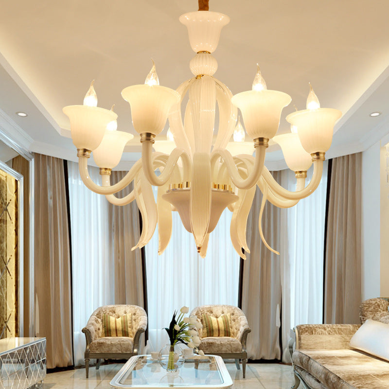 White Glass Stamen Shape Chandelier Lighting Antique 6/8/10 Lights Bedroom Ceiling Pendant Lamp Clearhalo 'Ceiling Lights' 'Chandeliers' Lighting' options 296688