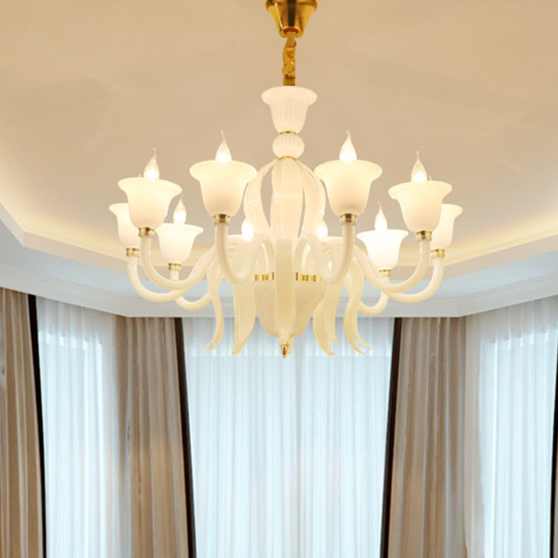 White Glass Stamen Shape Chandelier Lighting Antique 6/8/10 Lights Bedroom Ceiling Pendant Lamp Clearhalo 'Ceiling Lights' 'Chandeliers' Lighting' options 296692