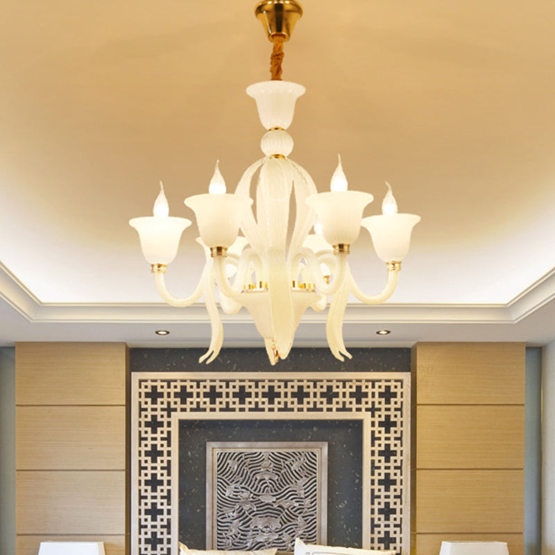 White Glass Stamen Shape Chandelier Lighting Antique 6/8/10 Lights Bedroom Ceiling Pendant Lamp Clearhalo 'Ceiling Lights' 'Chandeliers' Lighting' options 296696