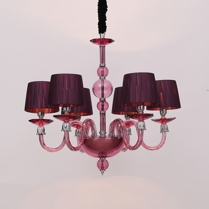 Traditional Starburst Pendant Chandelier 6/8/10 Bulbs Purple Glass Suspension Hanging Lamp with Conical Fabric Shade Clearhalo 'Ceiling Lights' 'Chandeliers' Lighting' options 296754