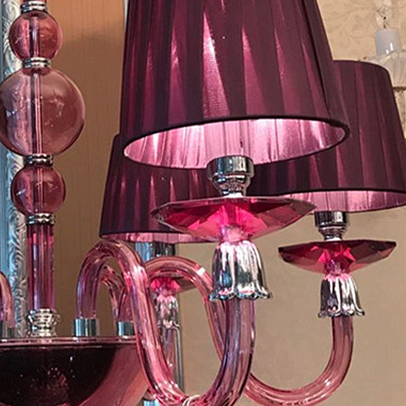 Traditional Starburst Pendant Chandelier 6/8/10 Bulbs Purple Glass Suspension Hanging Lamp with Conical Fabric Shade Clearhalo 'Ceiling Lights' 'Chandeliers' Lighting' options 296756