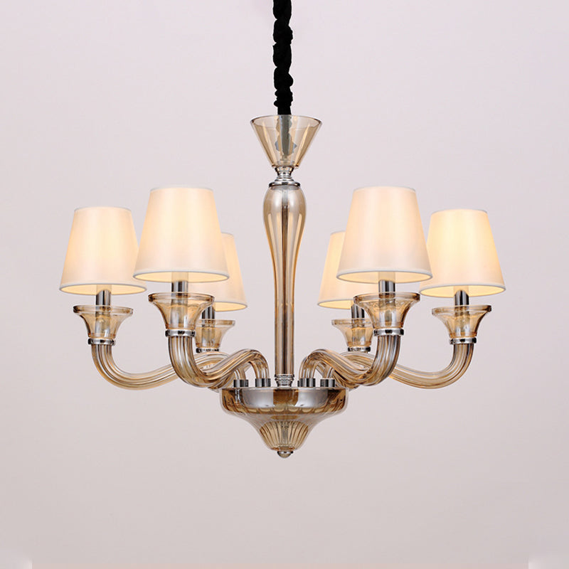 6/8/12 Heads Chandelier Lighting Traditional Tapered Fabric Ceiling Pendant Light in White with Amber Glass Arm Clearhalo 'Ceiling Lights' 'Chandeliers' Lighting' options 296774