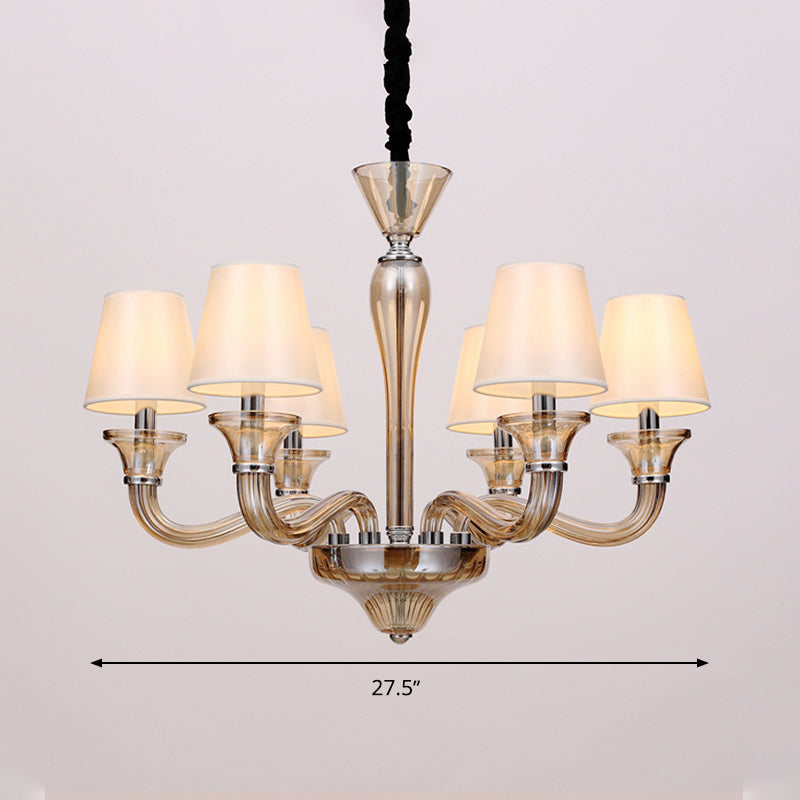 6/8/12 Heads Chandelier Lighting Traditional Tapered Fabric Ceiling Pendant Light in White with Amber Glass Arm Clearhalo 'Ceiling Lights' 'Chandeliers' Lighting' options 296775