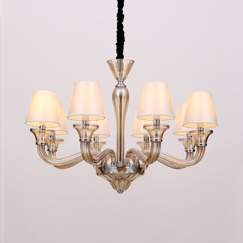 6/8/12 Heads Chandelier Lighting Traditional Tapered Fabric Ceiling Pendant Light in White with Amber Glass Arm Clearhalo 'Ceiling Lights' 'Chandeliers' Lighting' options 296778