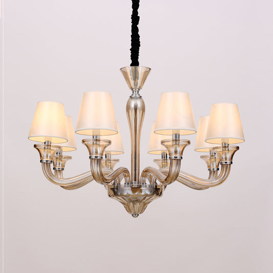 6/8/12 Heads Chandelier Lighting Traditional Tapered Fabric Ceiling Pendant Light in White with Amber Glass Arm Clearhalo 'Ceiling Lights' 'Chandeliers' Lighting' options 296778