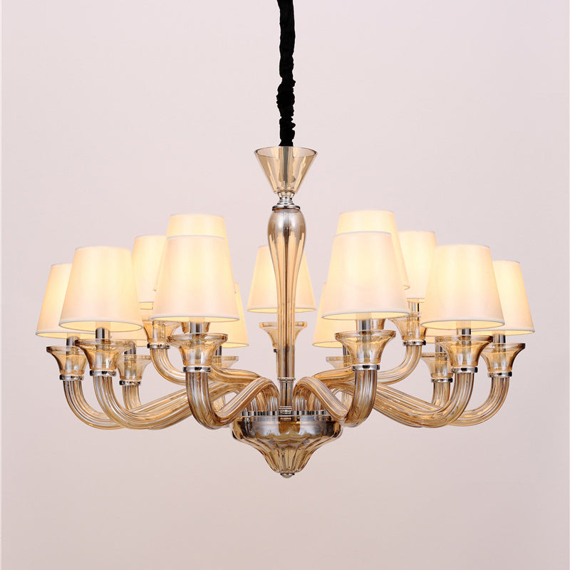 6/8/12 Heads Chandelier Lighting Traditional Tapered Fabric Ceiling Pendant Light in White with Amber Glass Arm Clearhalo 'Ceiling Lights' 'Chandeliers' Lighting' options 296780