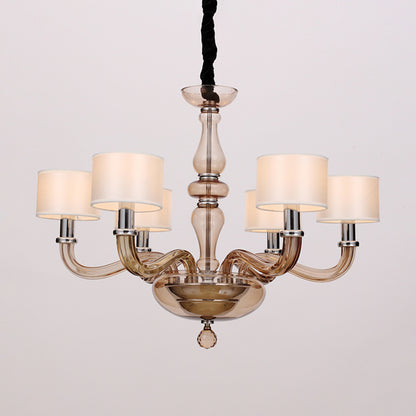 Traditionary Spuntik Chandelier Light 6/8/12 Heads Amber Glass Pendant Lamp Fixture with White Fabric Drum Shade 6 White Clearhalo 'Ceiling Lights' 'Chandeliers' 'Close To Ceiling Lights' 'Glass shade' 'Glass' Lighting' 296790